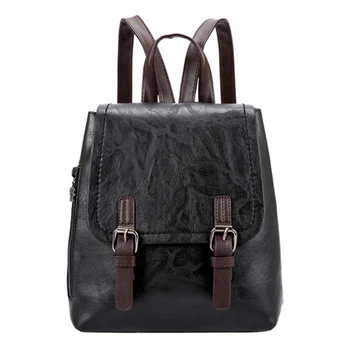 

Vintage Simple Style Backpack Women PU Leather Backpacks For Teenage Girls School Bags Fashion Vintage Solid Black