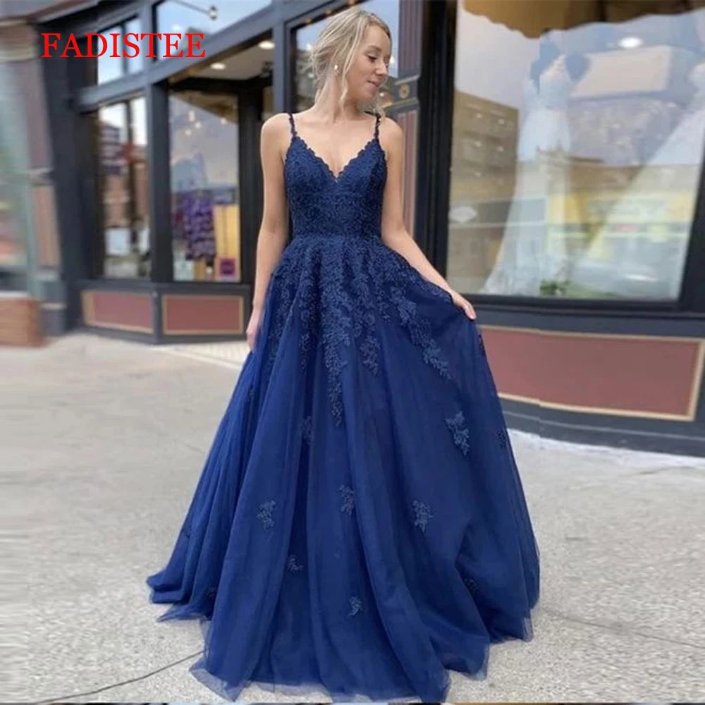 Lace Navy Blue V-neck Vestidos De Fiesta Noche Prom Party Evening Dresses Robe De Soiree Gown Frock Long Soft Tulle Lace-up pretty prom dresses