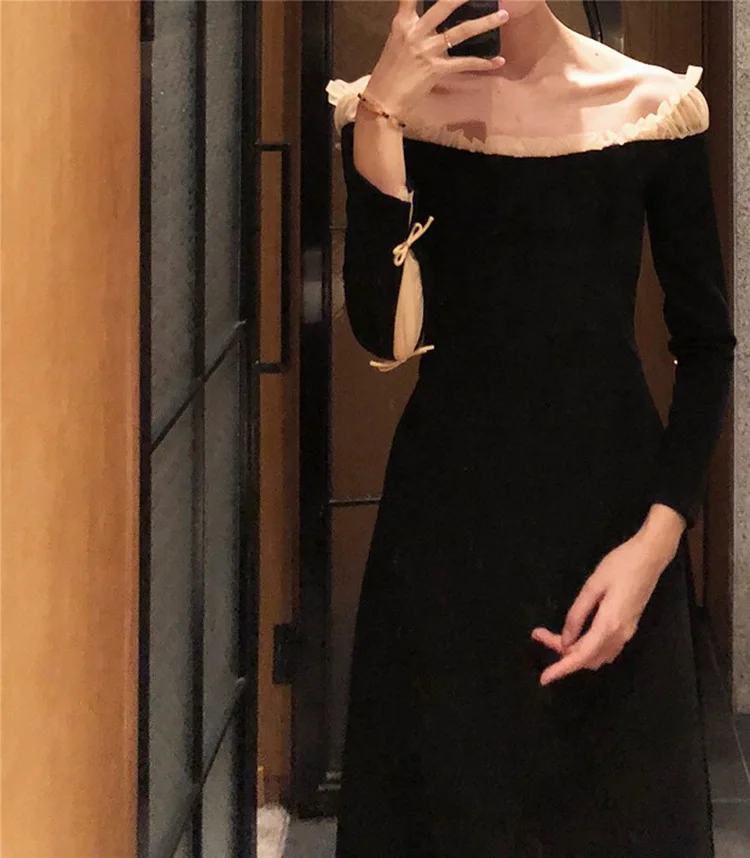 

2019 Autumn And Winter Retro Horizontal Neck Gauze Joint Black Dress Retro Debutante Long Skirts Base Dress 8535