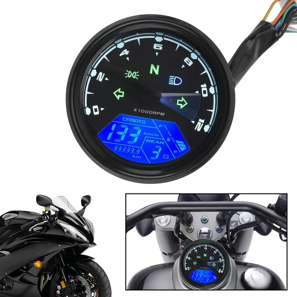 Moto en métal Noir digital LCD LED tachymètre Compteur de vitesse Huile Jauge de carburant universel Offroad Scooter 
