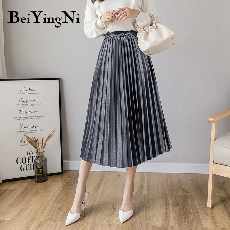 Beiyingni Autumn Winter Gold Velvet Midi Skirt for Woman High Waist Vintage Casual Pleated Skirts Womens Solid 7Colors Warm Saia - Цвет: Серый