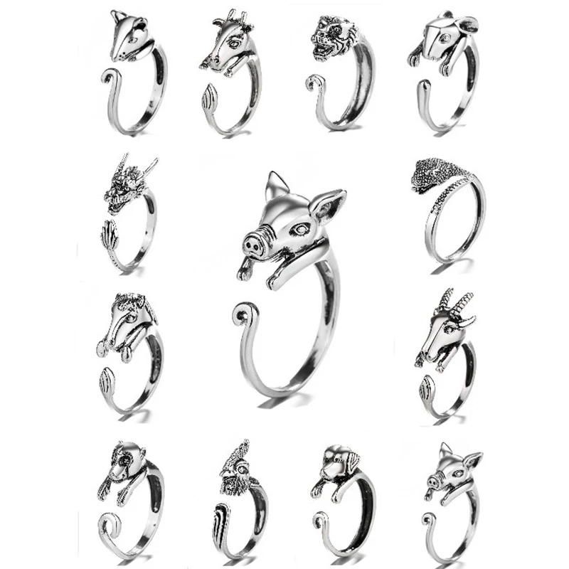 

12 Zodiac Ring Wedding Love CZ Open Adjustable Rings for Women Silver Ring Animal Finger Jewelry Gift Vintage Punk Accessories