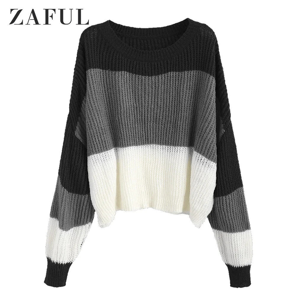 Multi 5 ZAFUL, Осенний пуловер большого размера с заниженным плечом, полосатый свитер для женщин, круглый вырез, длинный рукав, женские топы, хит, цветной свитер - Цвет: Multi 5