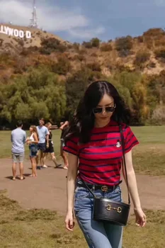 

2020 Spring Summer Women Stripe Cartoon Mickey Embroidery Short Sleeve T-shirt Round O Neck