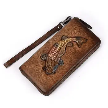 

WoMan's Long Wallet Handbag Vintage Fish Embossed Credit Card Holder Phone Pouch Wristlet Purse