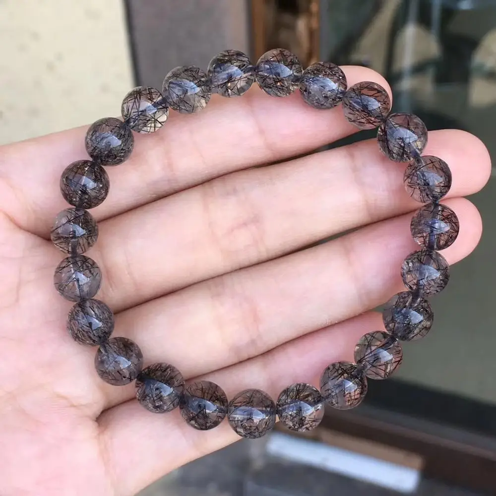 

Genuine Natural Black Rutilated Quartz Crystal Bracelet 8mm For Women Men Clear Round Beads Wealthy Stone From Brazil AAAAA