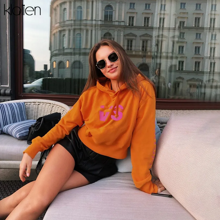 KLALIEN толстовки свободная, с принтом в виде надписи женские с капюшоном с длинным рукавом короткие толстовки новые осенние женские модные повседневные уличные