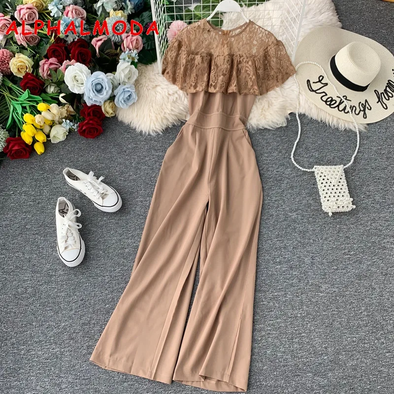 

ALPHALMODA 2019 New Lace Hollow Embroidery Ruffled Women High Waist Straight Leg Jumpsuit Solid Color Elegant Women Overall