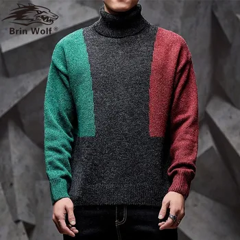 

Brin Wolf Winter Wool Turtleneck Men's Sweater Casual Warm Pullover Men Large Size 3XL Solid Slim New Fashion Male Sweaters