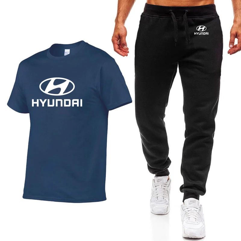 Модные летние мужские футболки hyundai Motor Car с принтом логотипа хип-хоп, повседневные хлопковые футболки с коротким рукавом высокого качества, мужские футболки, брюки, костюм