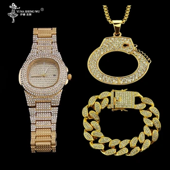 

Hip Hop Men Gold Watch Jewelry Watch & Bracelet & Necklace Combo Set Pendant Ice Out Cuban Bracelet Bling Men Rapper Jewelry