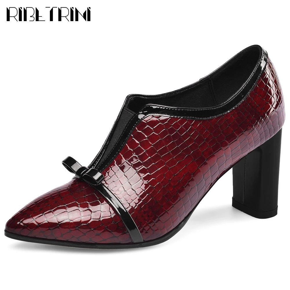 

RIBETRINI New Office Ladies Pointed Toe Genuine Leather Shoes Woman Spring Fashion Fretwork Pumps Women 2020 High Heels Pumps