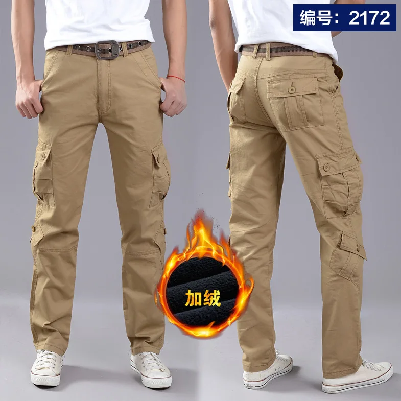 Multi-pockets Winter Mens Warm Windproof Overalls Outdoor Riding Training Climbing Sport Fleece Breathable Thermal Cargo Trouser