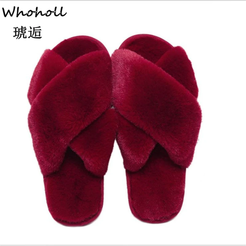 

Brand Winter Women Home Slippers With Faux Fur Fashion Warm Shoes Woman Slip On Flats Female Slides Black Pink Plus Size 5.5-7.5