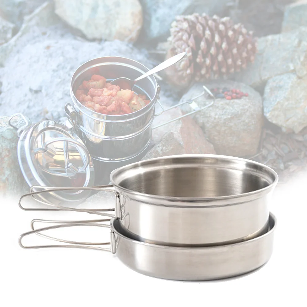 

Stainless Steel Picnic Lightweight Outdoor Camping Pot Pan Easy Clean Cookware Durable Cooking Set Hiking With Folding Handle