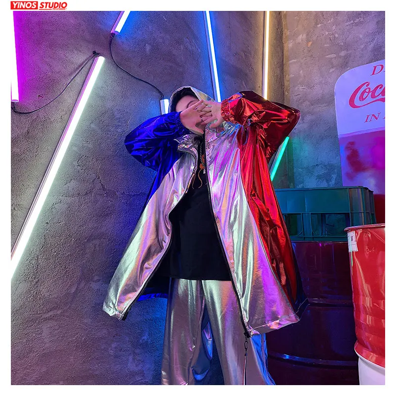 Dropshipping Autumn Dance Reflective Jacket Male Streetwear Patchwork Outdoor Hooded Tops Baggy Lengthen Coats