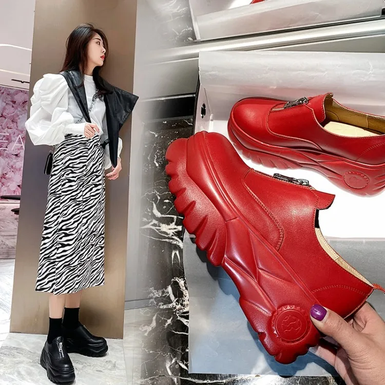 

Pq1-2a Thick Bottomed Genuine Leather Platform Waterproof Front Zipper Slip-on Shoes 2020 Spring New Style White Shoes