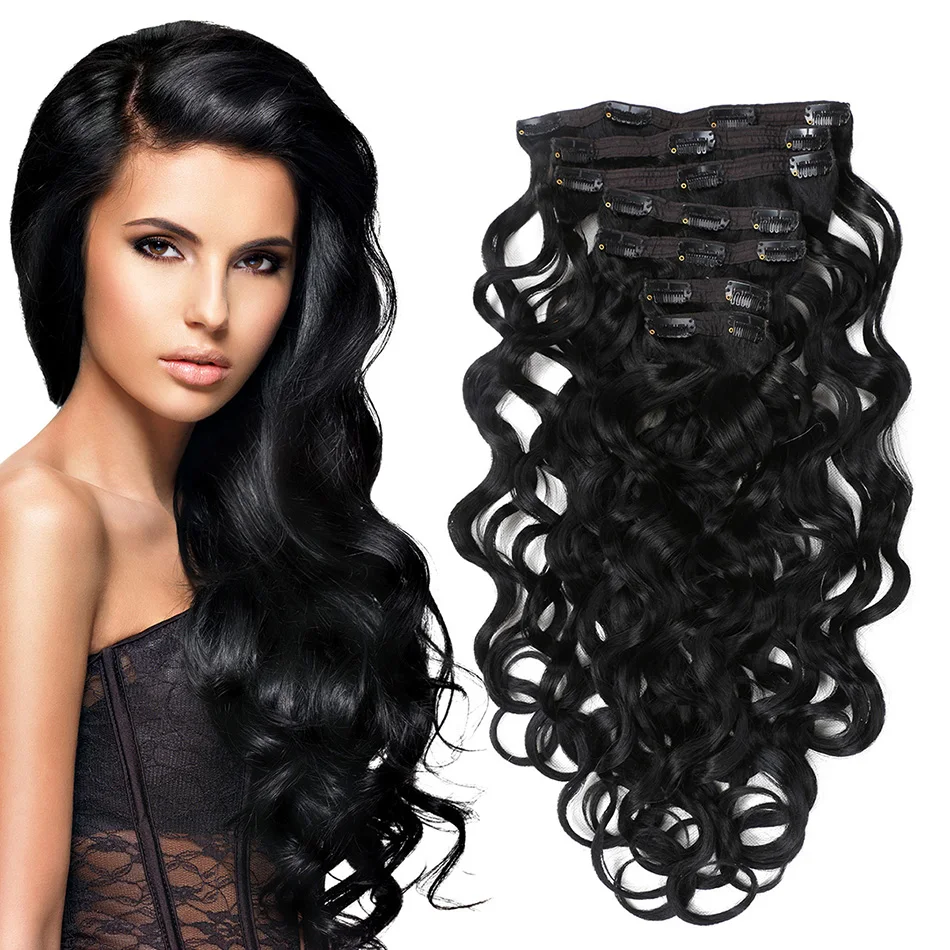 Накладные волосы на заколках, 22 дюйма, объемные волнистые синтетические волосы для наращивания, 140 г, шиньон, 20 клипс, коричневый, 613#, цвет Омбре для женщин - Цвет: natural black