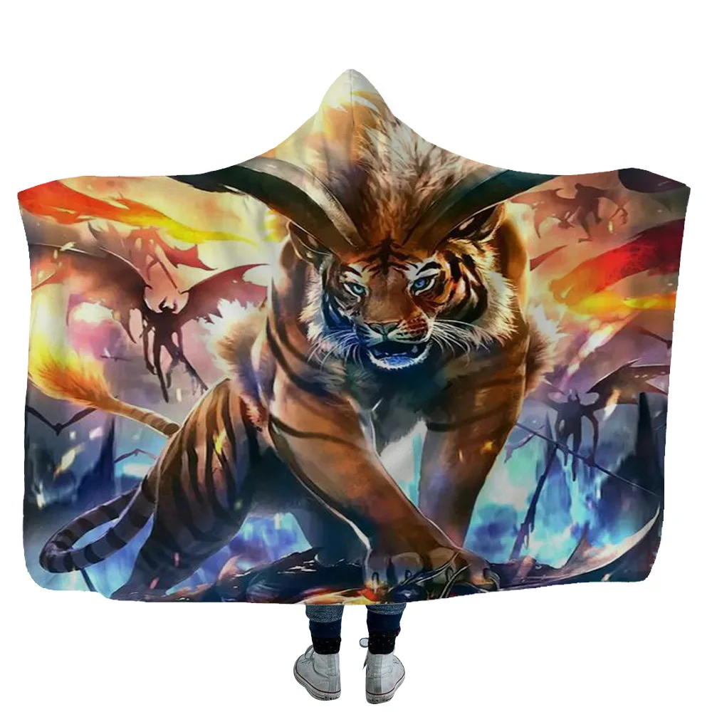 

Magic Tiger God Beast Print Hooded Blanket Sofa Blanket Student Camping Warm Blanket