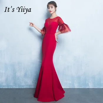 

It's Yiiya Mermaid Evening Gowns Burgundy O-Neck Half Sleeve Tassel Formal Vestido de Festa Longo Backless Satin Dresses K236