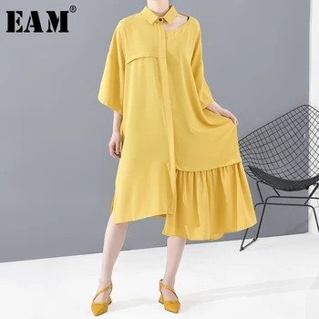 

[EAM] Women Yellow Hollow Out Pleated Big Size Shirt Dress New Lapel Long Sleeve Loose Fit Fashion Spring Summer 2020 JS27707