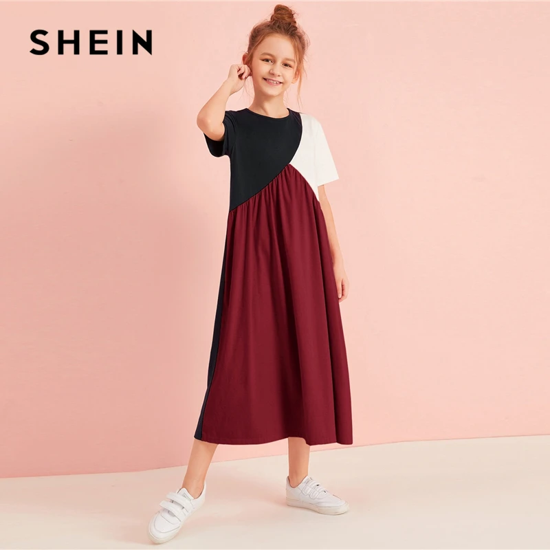 Ceny SHEIN Kiddie Multicolor Cut And Sew koszulka casual Dress Kids Clothes 2019 jesień z krótkim rękawem Colorblock długie sukienki dla dzieci