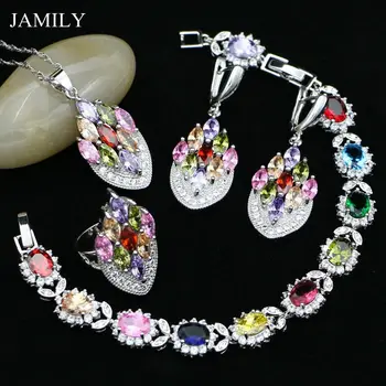 

Fashion Multicolor Cubic Zirconia 925 Sterling Silver Jewelry Sets For Women Party Earrings/Pendant/Ring/Bracelet/Necklace Set