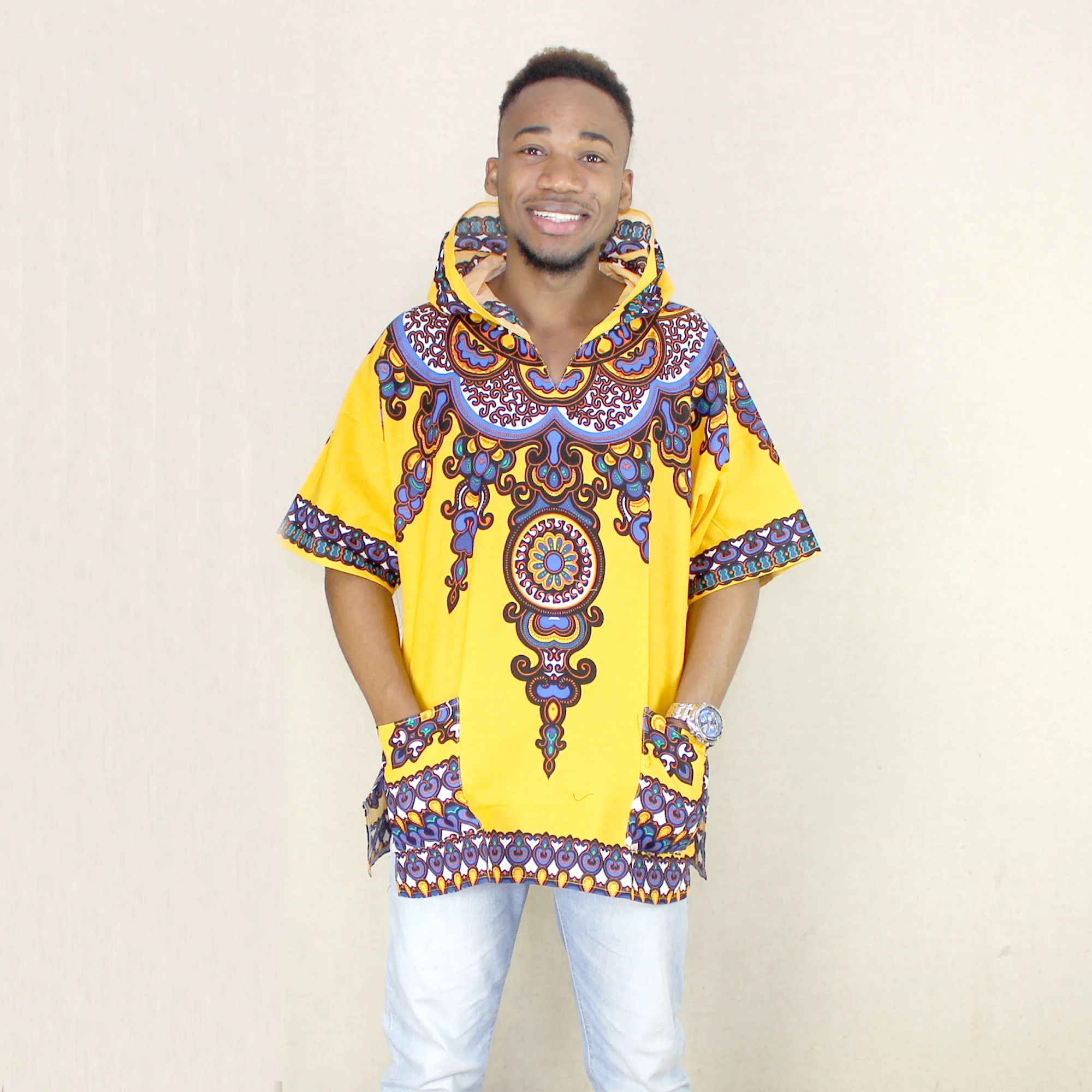 Африканская винтажная печать Дашики толстовка мужская желтая Свадьба Кванзаа топы с карманами