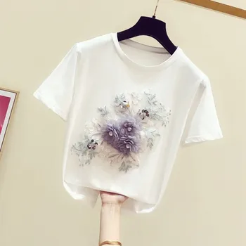 

2020 Summer New Tshirt Women tops Korean Fashion Beaded Embroidery Flower Short Sleeve T shirt Loose T-shirt Women Tide Q1297