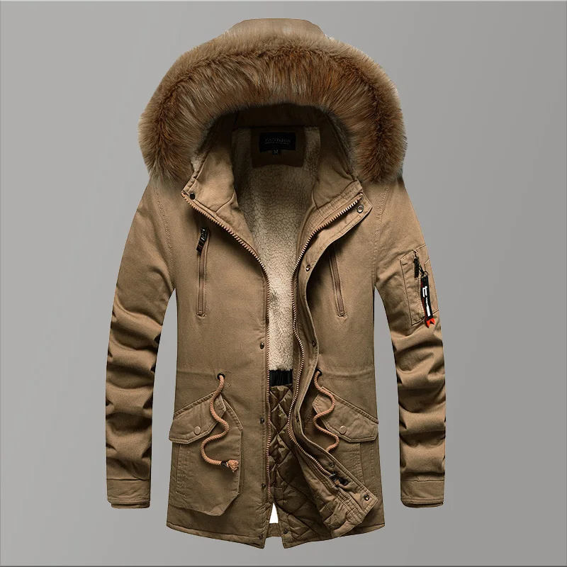 Брендовая теплая Длинная зимняя мужская куртка цвета хаки с капюшоном, Трендовое ветрозащитное пальто, Мужская Осенняя мода, новые мужские куртки, однотонная мужская одежда