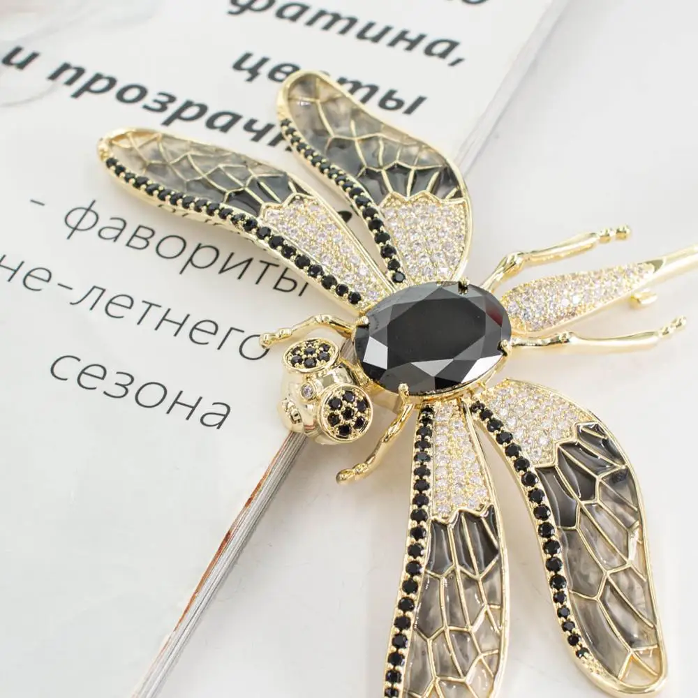 Cubic Zirconia Big Black Insect Dragonfly Brooch Broach Pin Women Jewelry Accessories XR05562