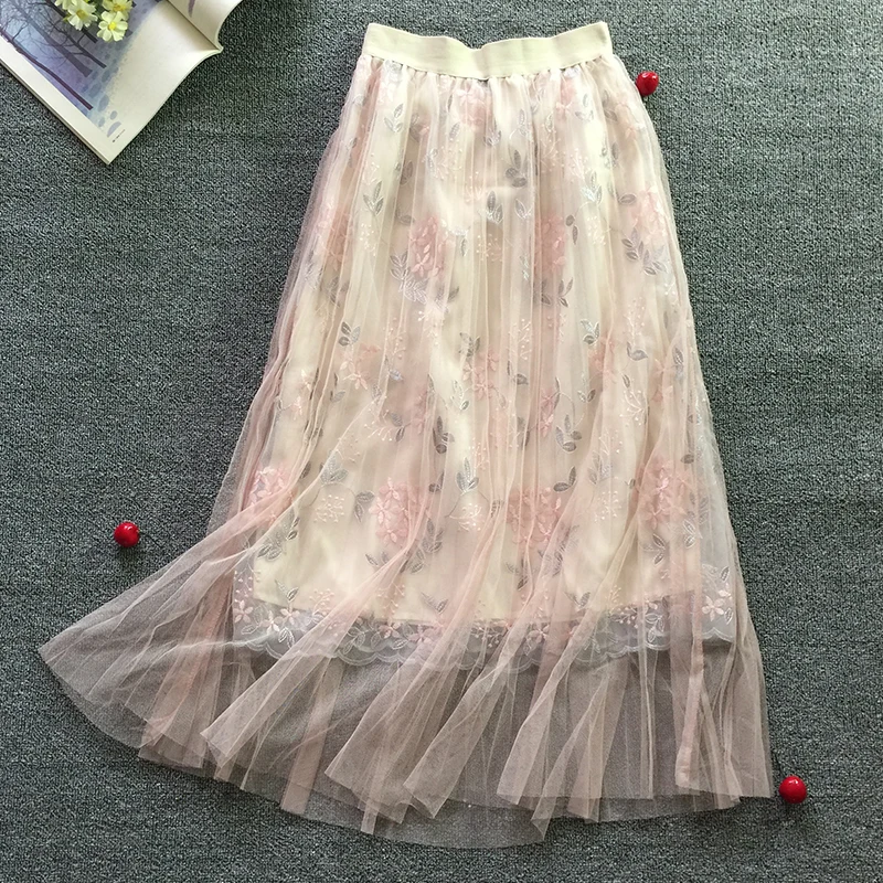 New Elegant Flower Embroidery Multilayer Mesh Pleated Skirt Half length Skirt A Style - Цвет: see chart