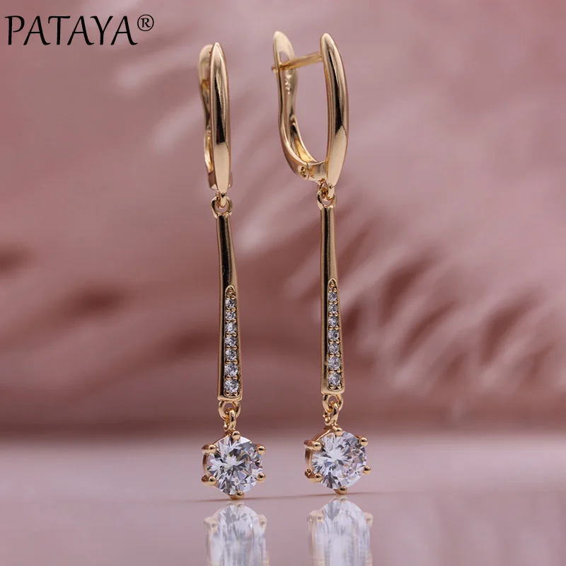 Dangle Earrings Long Earrings PATAYA New Women Round White Natural Zircon Dangle Earrings 585 Rose Gold Color Luxury Fine Casual Fashion