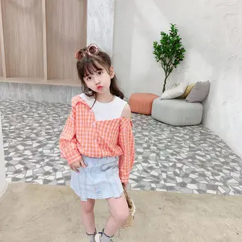 

2020 baby shirt Fake two pieces design fashion cool girls orange plaid pattern kids girls tops