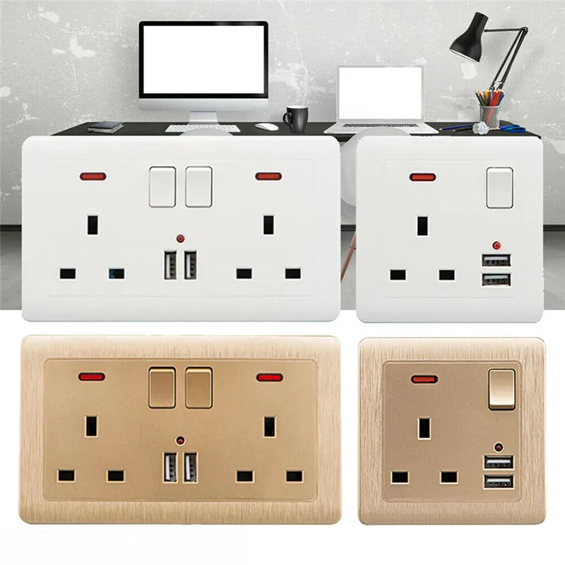 

Multi-function Double Ports USB Charging With Three Hole Power Socket Universal UK Standard Switched Control LED Indicator