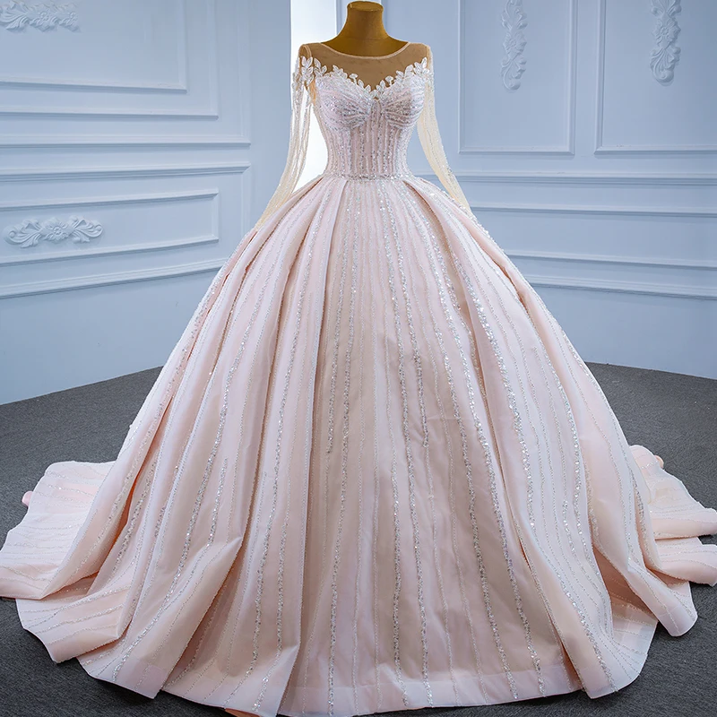 RSM67253 Light Pink Elegant Long Sleeve Wedding Dress 2021 Heart-Shaped Transparent Lace Applique Sequined Dress 4