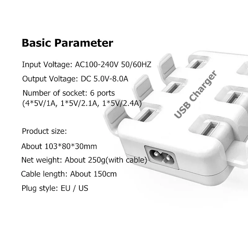 Все смартфоны Pad 5 V/8A 6 USB порт несколько настенное умное зарядное устройство адаптер быстрой зарядки ЕС/США штекер телефон USB зарядное устройство