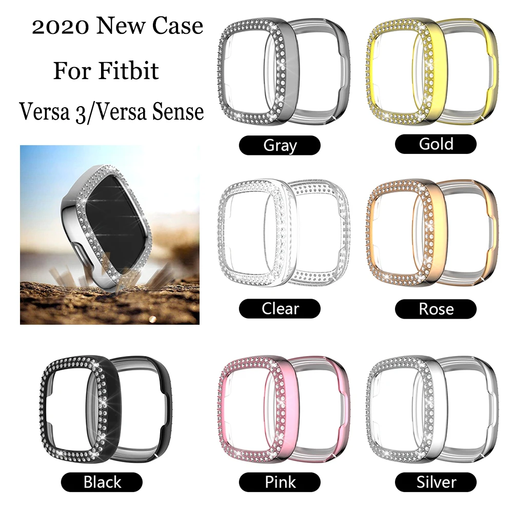 

2020 New Double Row Rhinestone Case Smartwatch PC Case Cover Frame Hollow Watch Screen Protective Shell For Fitbit Versa 3/Sense
