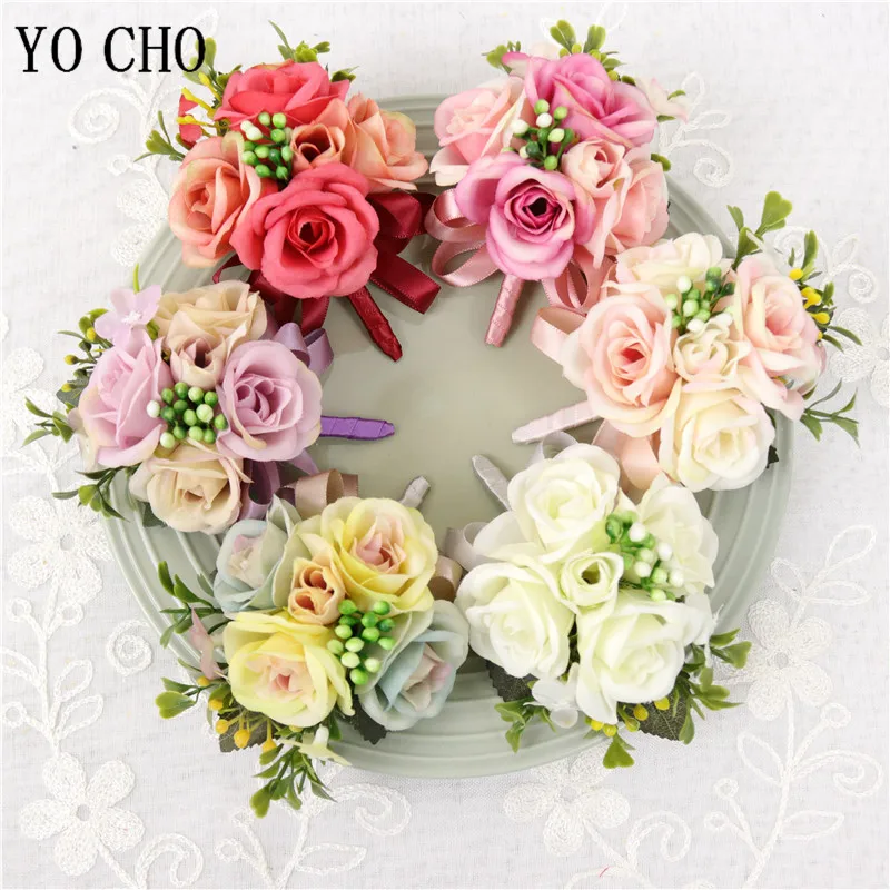 

YO CHO Men Suit Boutonniere Wedding Silk Rose Girl Wrist Corsages Sister Bracelet Flower Groomsmen Corsages and Boutonnieres