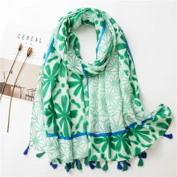 

VISROVER 2020 Fashion blue geometric Printing Viscose summer Scarf Woman with border black Spring Shawl yellow Beach brown Hijab