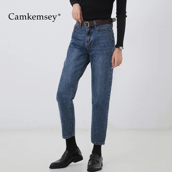 

Camkemsey Basic Blue Jeans Woman 2020 Spring Casual High Waist Loose Ankle Length Mom Jeans 100% Cotton Denim Pants