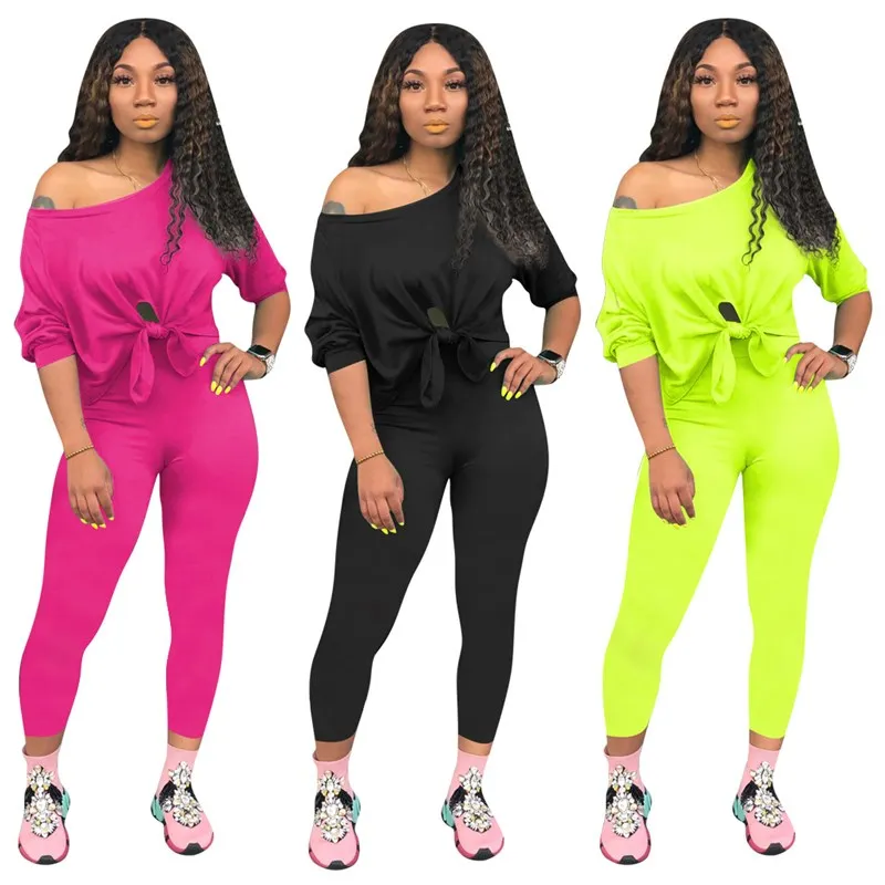

Casual Neon Two Piece Set Short Women Tracksuit Tie Off Shoulder Long Sleeve Crop Top Pencil Pants Fall Suits