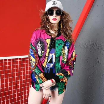 

Plus Size Spring Women's Jackets Retro European tide brand abstract art print Coat Female Long Sleeve Outwear Baseball uniform