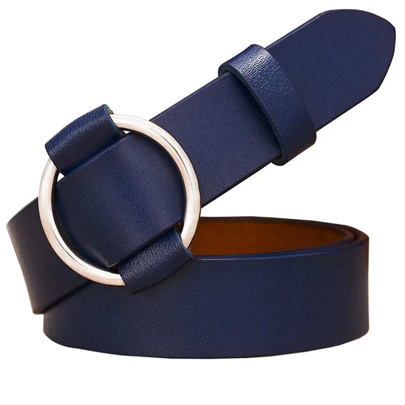 Dark Blue Модный ремень с круглым кольцом и пряжкой, женские ремни из натуральной кожи для женщин, качественный ремень из коровьей кожи, женский пояс для джинсов, ширина 2,8 см - Цвет: Dark Blue