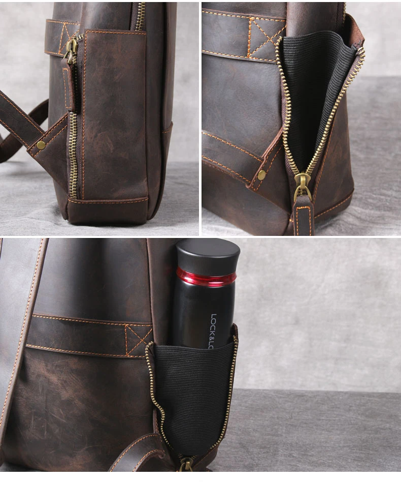 Side Pocket Show of Woosir Men's Real Leather Backpack
