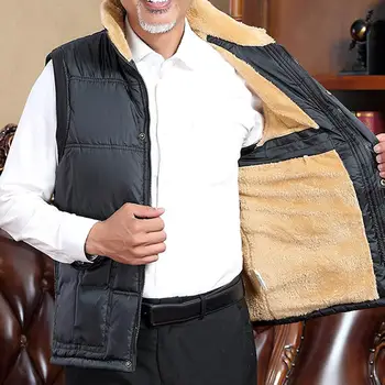 

Plus Size Men Winter Stand Color Fleece Lined Zipper Buttons Warm Waistcoat