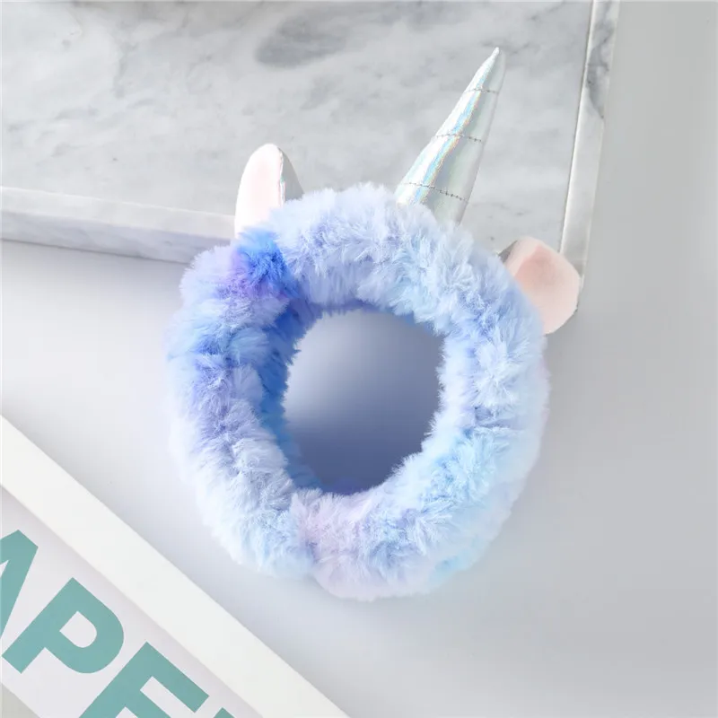 blue-purple Женская модная повязка с единорогом, милая эластичная Радужная Коралловая флисовая лента для волос, градиентные аксессуары для волос, повязка для волос, головной убор - Цвет: blue-purple