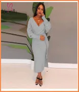 Women Casual Half Sleeve Off Shoulder V Neck Loose Maxi Dress Ruffles Solid Chic Sashes Dress Elegant Evening Party Vestidos