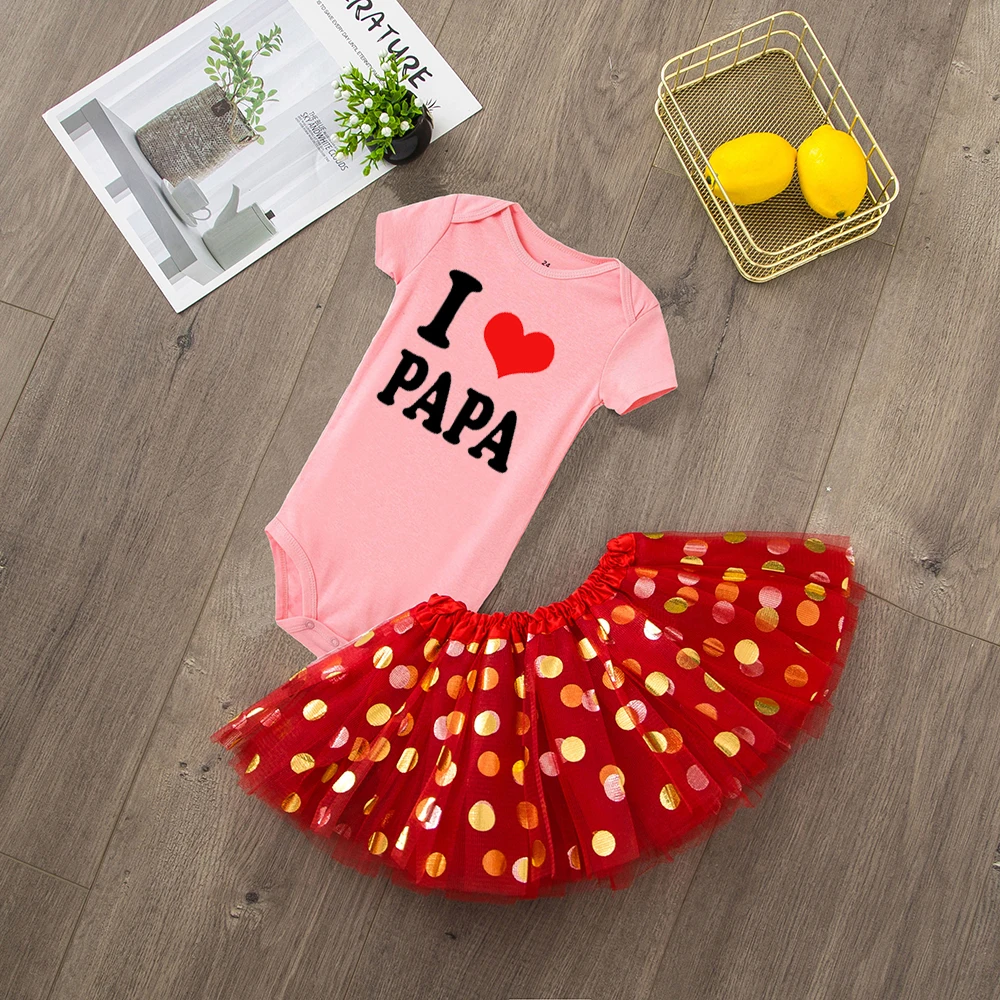 Принт с буквами для детей, платье для девочек с надписью «I Love Papa», комбинезон с короткими рукавами+ юбка-пачка, комплекты из 2 предметов, летние костюмы для младенцев, комплект одежды - Цвет: RA12-SQPPKYRD-