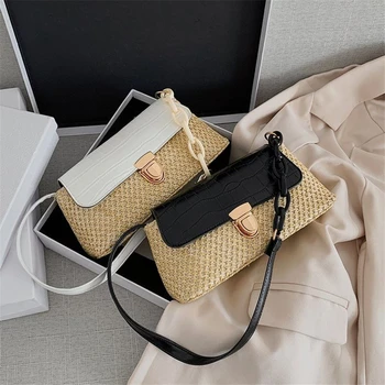 

2020 Fashion Trend Women's Textured Shoulder Bag Vintage Classic French Style Portable Handbags Casual Straw PU Leather Tote